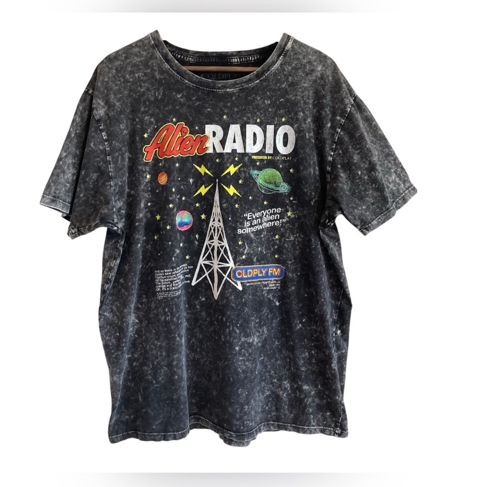 Coldplay Alien Radio Tour Band Graphic Tee Shirt Acid Wash Black Gray
